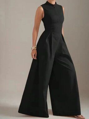 Wide Leg Sleeveless Zip Up Jumpsuit Black